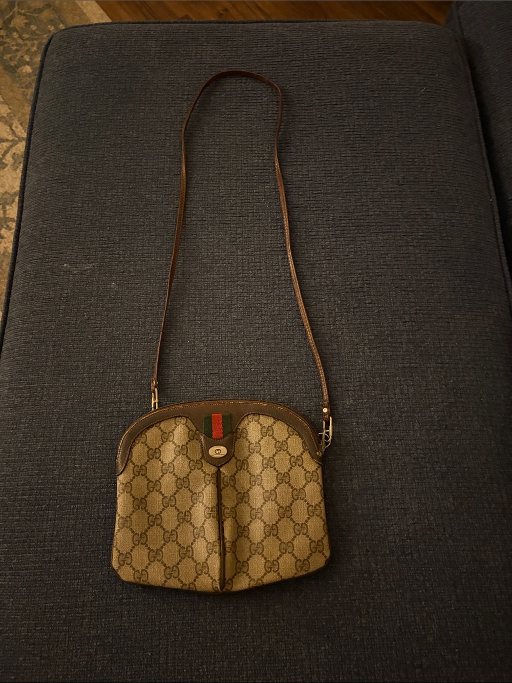 Gucci Beige Monogram Crossbody with Brown Leather Trim and Green-Red Web